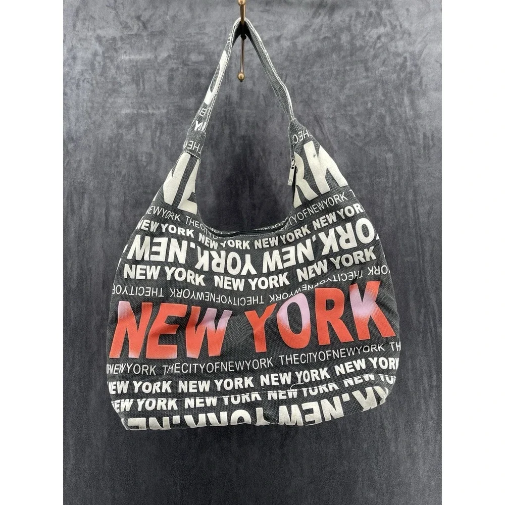 Robin Ruth New York Canvas Shoulder Hobo Bag Red Lining Zip Top Purse Handbag